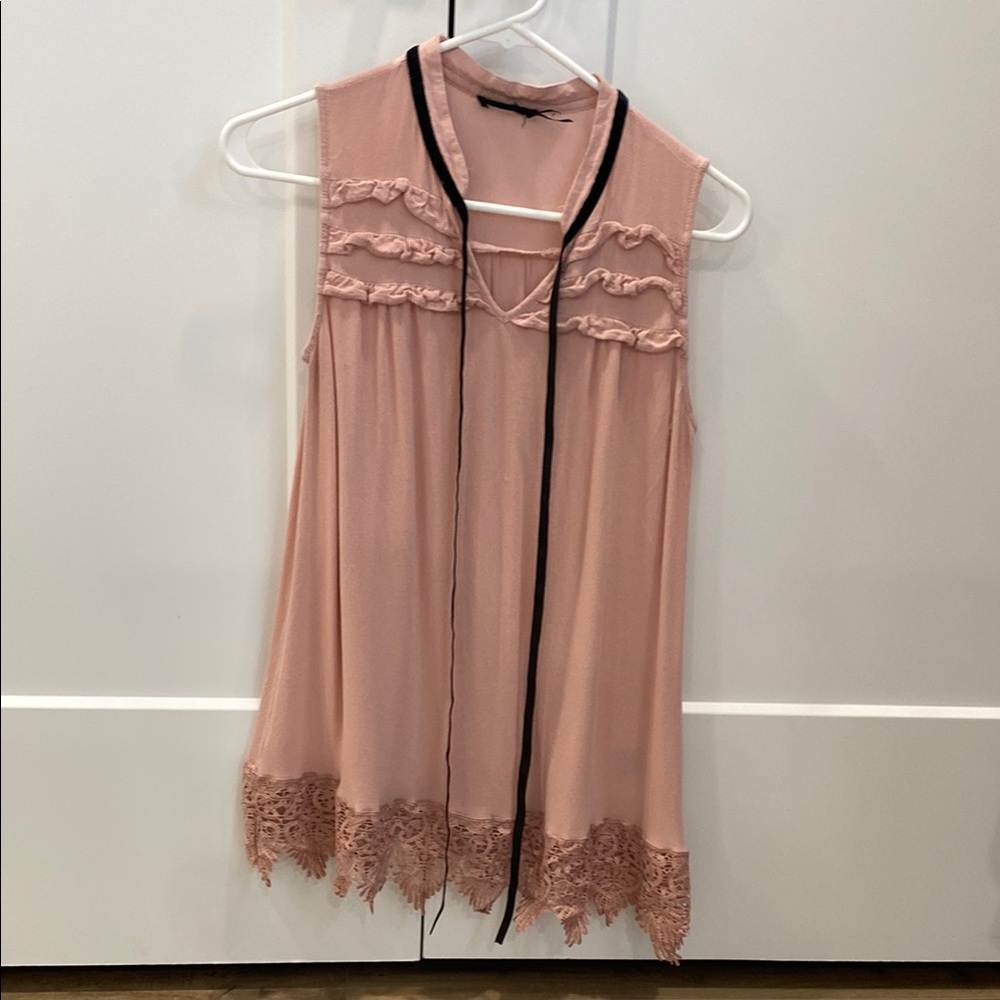 Pink Sleeveless Top with Lace Trim